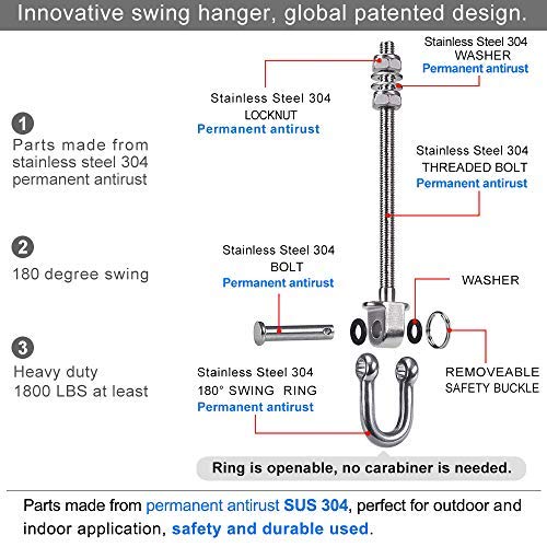 [Australia - AusPower] - SELEWARE Set of 2 Heavy Duty Swing Hanger 1800LB Capacity, M10 x 8.8" Swing Bolts, Stainless Steel Swing Hooks for Wood and Steel Beam Yoga Hammock Chair Punching Bag Porch Swing Sets Seat 