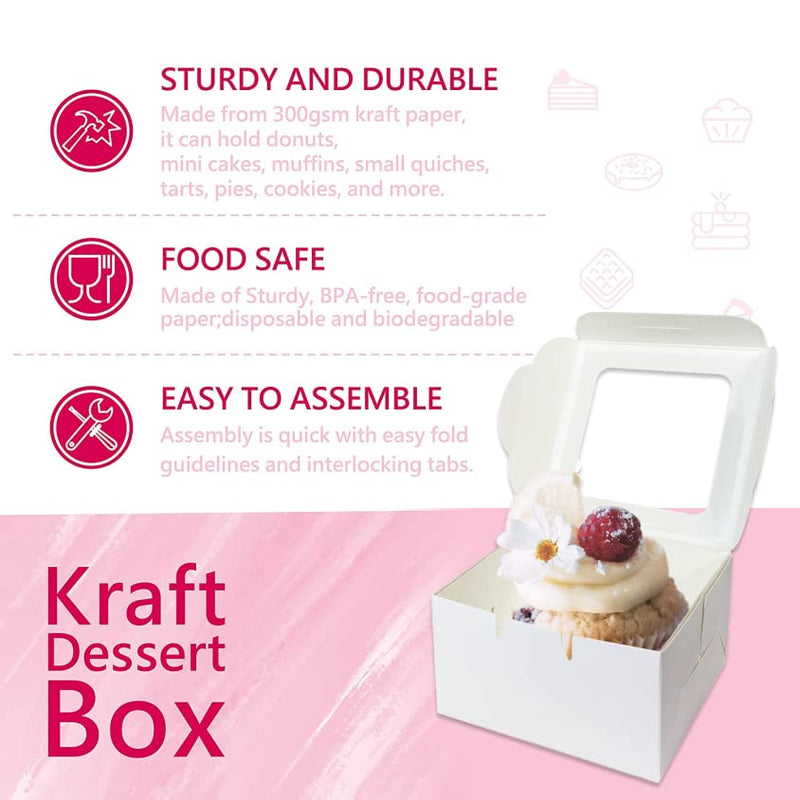 [Australia - AusPower] - White Paper Bakery Boxes - 25-Pack Single Pastry Box 4-Inch Packaging with Clear Display Window, Donut, Mini Cake, Pie Slice, Dessert Disposable Take-Out Container, Holds 1, 4 x 2.3 x 4 Inches 25 Pack White 