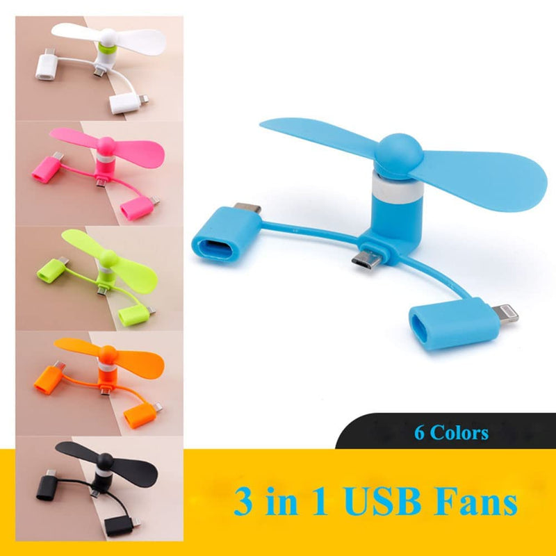 [Australia - AusPower] - 6 Pack 3 in 1 Mini Cell Phone Fan Compatible with iPhone/iPad/Android Smartphone/Tablet Cell Phone Portable Micro USB/Type C/Lightning Port Fan Mobile Phone Fan Colorful and Powerful Summer Accessories 