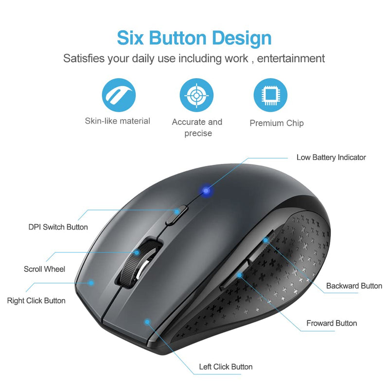 [Australia - AusPower] - TECKNET Bluetooth Wireless Mouse, 6 Adjustable DPI Levels, 24-Month Battery Life, 6 Buttons Compatible for Ipad Pro/Laptop/Surface Pro/Windows Computer /Chromebook-Grey Grey 