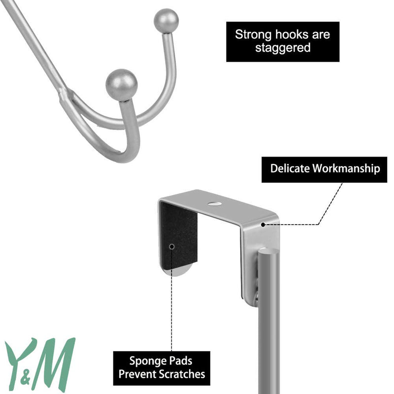 [Australia - AusPower] - Y&M 2PC Over The Door Hooks Double Hooks, Metal Door Hanger Twin Hooks Organizer for Hanging Coats, Hats, Robes, Towels- Silver 2 Silver 2P 