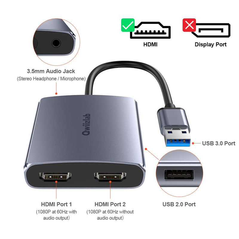[Australia - AusPower] - Qwiizlab USB 3.0 to HDMI Adapter for Dual Screens, 1080P 60Hz Video Graphics Converter for PC Dekstop Laptop, Compatible with Windows 7/8/8.1/10/11 (Donnot Support Win XP/Vista, Mac, Chrome, Android) 