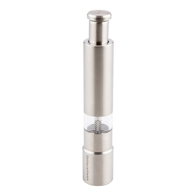 [Australia - AusPower] - Stainless Steel Push Top Salt and Pepper Grinder: Perfect for Restaurants, Cafes, and Catering Events - Spring Action Salt and Pepper Mill - Simple, One Hand Thumb Push to Use - 1-CT - Restaurantware 