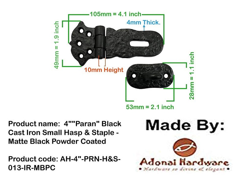 [Australia - AusPower] - Adonai Hardware"Paran" Heavy Duty Antique Cast Iron Safety Locking Hasp and Staple(4" x 2 Pack, Matte Black) for Vintage Pirates Treasure Chest, Trunks, Wooden Jewelry Box, Cases, Furniture and Sheds 4 Inch x 2 Pack Matte Black Powder Coated 