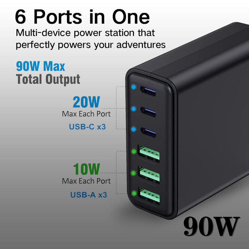 [Australia - AusPower] - 90W 6 Port USB A/Type C PD Fast Multiport Charging Station, 3 PD&3 QC 3.0 Power Wall Charger Adapter, Charger Block Hub Compatible for All iPad/Tablet, iPhone 13 12 11 Max Mini, Pixel Samsung Galaxy 
