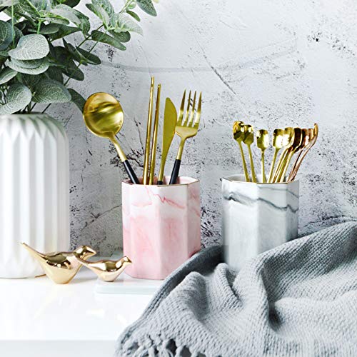 [Australia - AusPower] - WAVEYU Pen Holder, Stand for Desk Marble Pattern Pencil Cup for Girls Kids Durable Ceramic Desk Organizer Makeup Brush Holder for Office, Classroom, Home, Gray Marble 