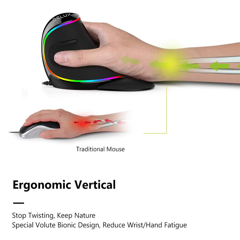 [Australia - AusPower] - DELUX Wired Ergonomic Vertical Mouse, Large RGB Ergonomic Computer Mouse with 6 Buttons, Removable Wrist Rest, 4000DPI and On-Board Software Reduce Hand Strain,for Carpal Tunnel(M618Plus RGB-Black) Wired with RGB 