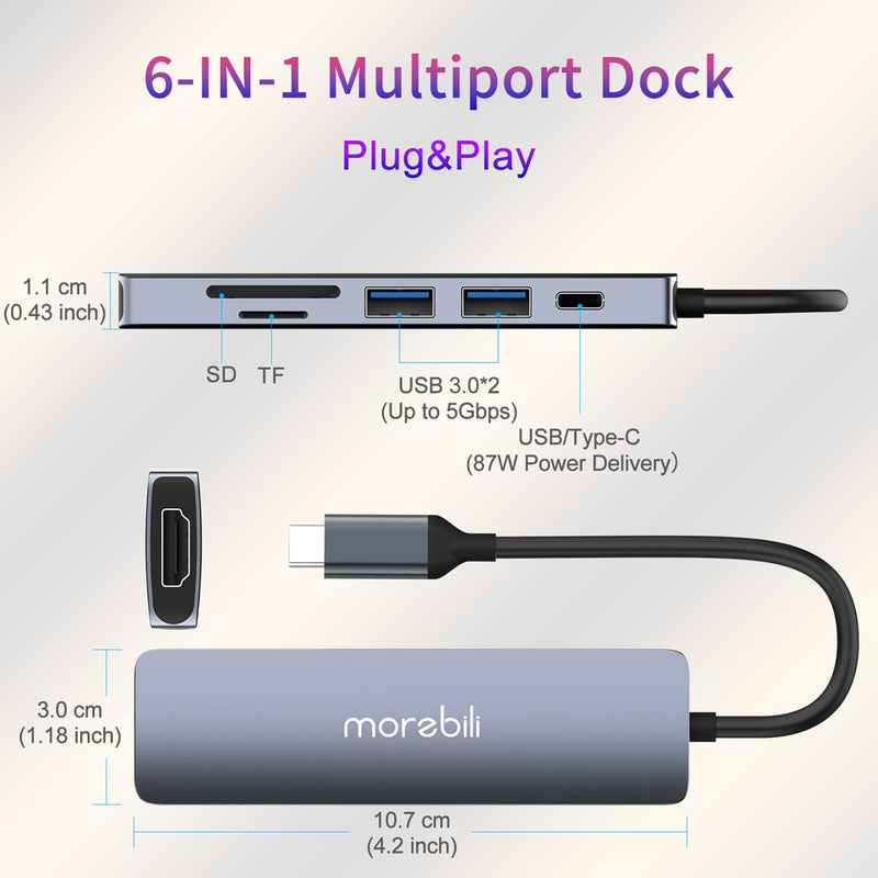 [Australia - AusPower] - USB C Hub HDMI Adapter Dongle Docking Station MacBook Pro/Air 2021-2017 USB-C to 4K HDMI with 2 USB3.0,SD/TF for Apple/Dell/HP/Surface/Lenovo Laptop 6 in 1 USB C HUB 