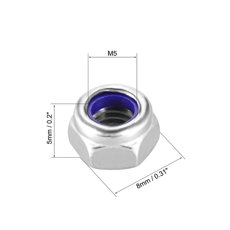 [Australia - AusPower] - uxcell M5 x 0.8mm Nylon Insert Hex Lock Nuts, 304 Stainless Steel, Plain Finish, Pack of 10 