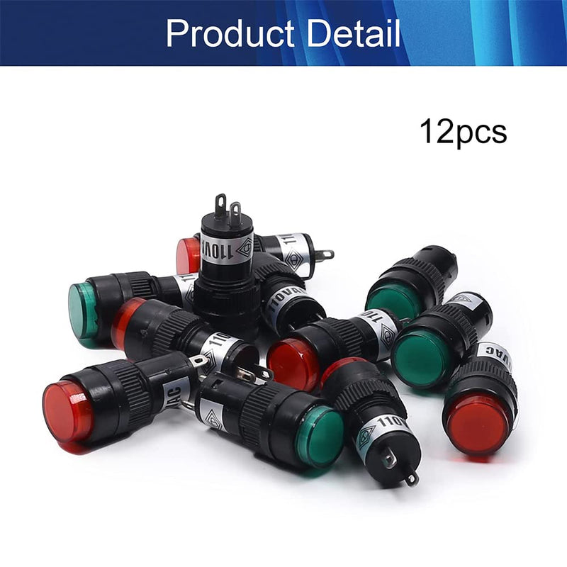 [Australia - AusPower] - Juvielich 12Pcs LED Indicator Signal Lamp 110V 12mm Diameter Plastic Red Green Indicator Light 