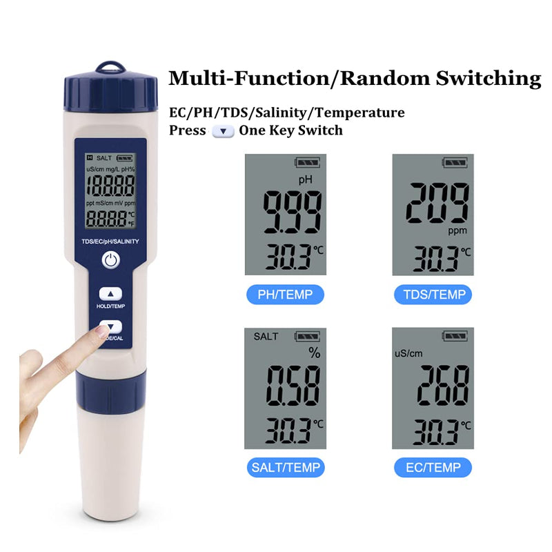 [Australia - AusPower] - PH Meter, EZ-9909 5 in 1 High Accuracy Portable Digital Water Quality Tester, for Measuring PH Salinity TDS EC Temperature, with Backlight Screen, IP67 Waterproof 