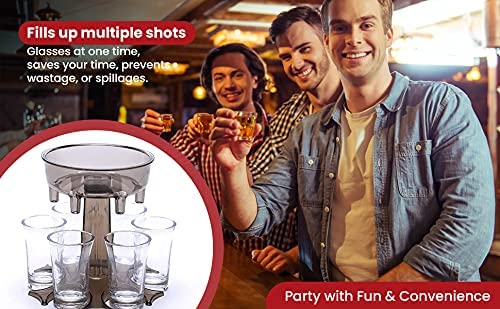 [Australia - AusPower] - Mixt Shots 6 Shot Glass Dispenser and Holder, Multiple Shot Pourer for Cocktail, Wine and Juice, Party Drink and Beverage Dispenser for Filling Liquids (13x13x12.5 cm, Black Transparent) 