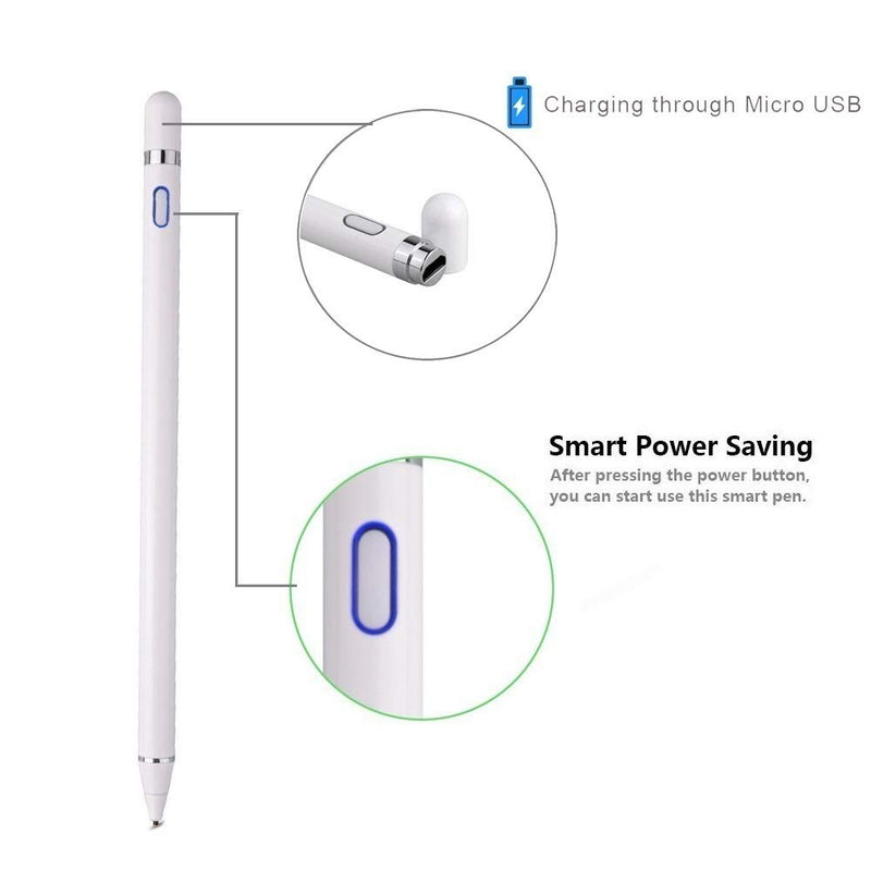[Australia - AusPower] - Active Stylus Pens for Touch Screens, Stylist Digital Pen, 1.5mm Fine Point Rechargeable Pencil for Drawing/Writing/Playing, Compatible with iOS/Android and Other Tablets (White) White 