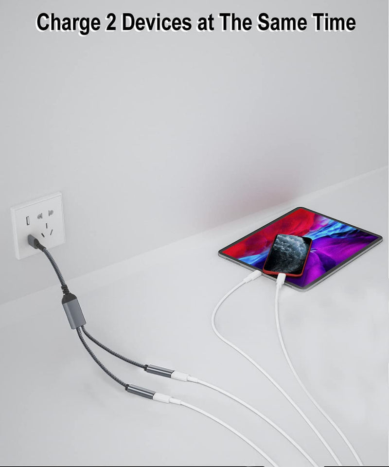 [Australia - AusPower] - USB Male to Double USB C Female Adapter,Type A Charger Cable Dual Two Splitter for MagSafe,Apple Watch iWatch Series 7,iPhone 11 12 13 Pro Max,SE,iPad Air 4 4th 5 5th 8 8th 9 9th Mini 6 6th Generation Gray 