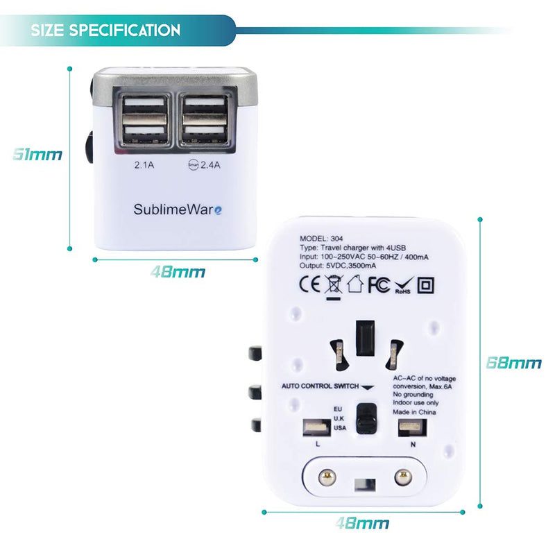 [Australia - AusPower] - Power Plug Adapter - 4 USB Ports Wall Charger - Fast Charging Adapter for 150 Countries - Multi Port Electric Plug - Type C Type A Type G Type I f for UK Japan China EU European by SublimeWare White 