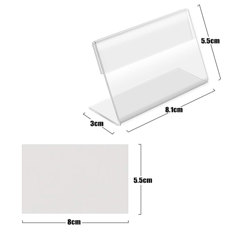 [Australia - AusPower] - BILLIOTEAM 50 PCS Mini Clear Acrylic Sign Display Holder with 50 PCS Blank Labels,Horizontal Slanted L-Shape Acrylic Name Card Price Card Tag Label Counter Top Stand(80mm x 50mm) 