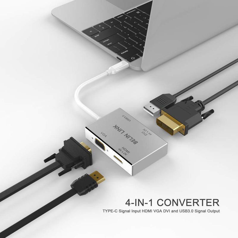 [Australia - AusPower] - BELIN LINK USB C to HDMI DVI VGA USB 3.0 Adapter,USB 3.1 Type-C 4in1 Hub to HDMI DVI 4K VGA USB Adaptor Converter (Thunderbolt 3 Compatible), USB-C Adapter for MacBook/MacBook Pro air/Surface pro TC 4IN1 