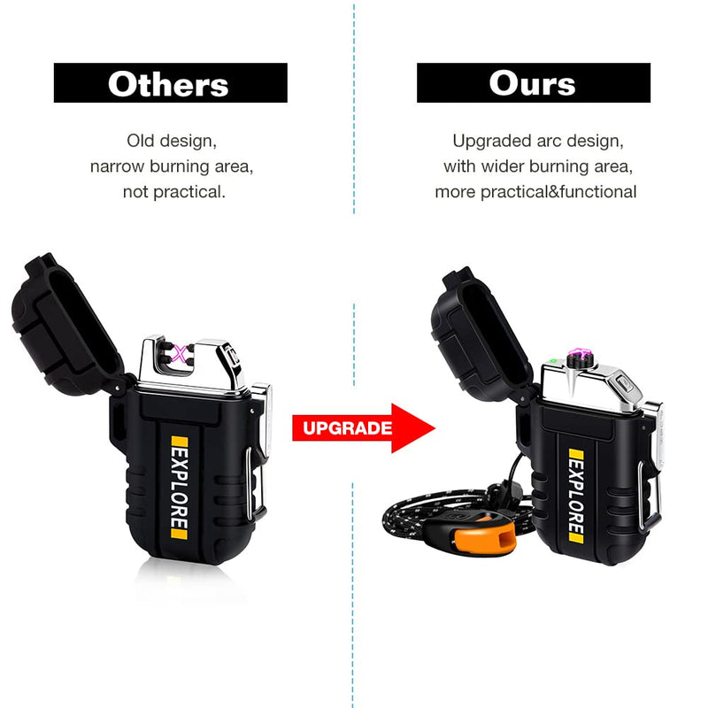 [Australia - AusPower] - Lighter,USB Rechargeable Lighter,Windproof Arc Lighter Waterproof,Flameless Electric Lighter,Dual Arc Plasma Lighter with Emergency Whistle for Outdoor Adventure,Survival Tactical,Camping Gadgets Black 