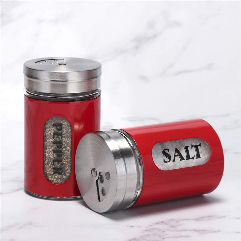[Australia - AusPower] - Salt and Pepper Shakers Stainless Steel and Glass Set with Adjustable Pour Holes (Red) Red 