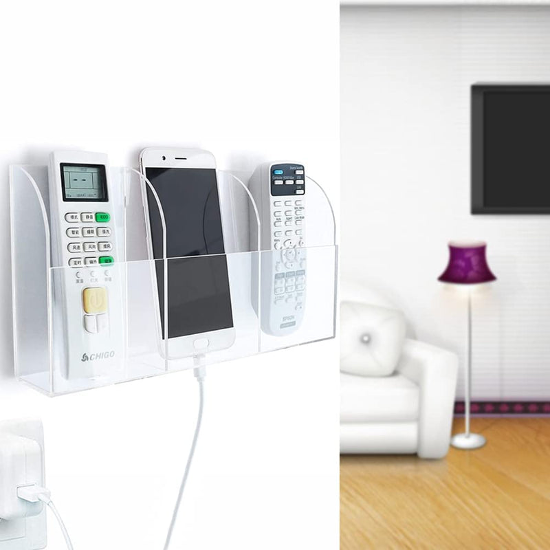 [Australia - AusPower] - Pansyling Large Acrylic 3-Slot Wall Mounted Smart Phone Charging Holder Station Clear Hanging TV Remote Control Holder Organizer Acrylic Wall Pocket Container Bedside Nightstand Clear Phone Charging Stand Caddy Media Organizer Box 3-Slot Phone Holder 