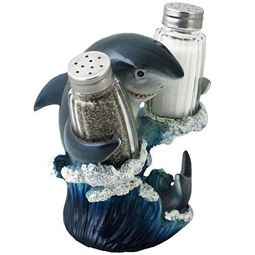 [Australia - AusPower] - Decorative Great White Shark Glass Salt and Pepper Shaker Set with Holder Figurine for Beach Bar or Tropical Kitchen Decor Sculptures & Table Decorations by Home 'n Gifts 