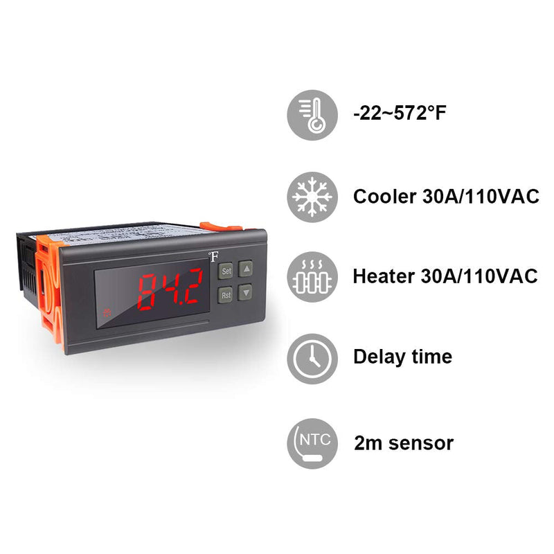 [Australia - AusPower] - KT8230 Digital Temperature Controller Thermostat Regulator 120VAC 30A Fahrenheit -22~572℉ Heating Cooling for Incubator Brooder Refrigerator Fermenter Greenhouse Reptile 