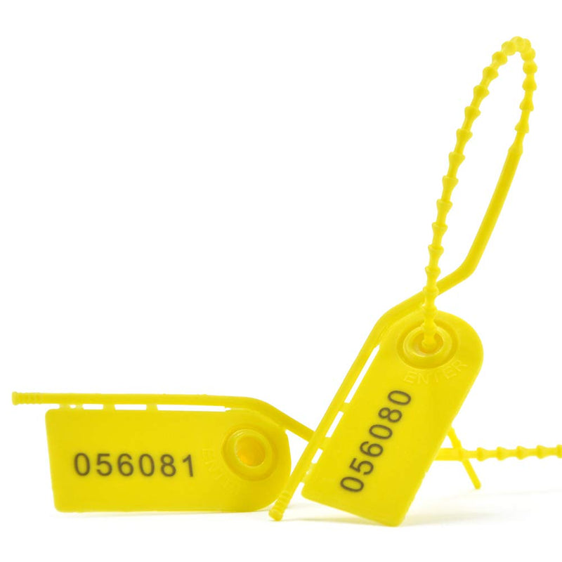 [Australia - AusPower] - 100 Pull Tight Security Seals Tamper Plastic Numbered Tags Fire Extinguisher Seal Self Locking Disposable Zip-Ties Adjustable Length for Clothes, Shoes and Bags 210mm Yellow 100pcs 