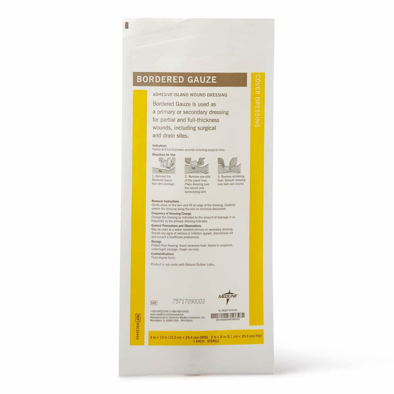 [Australia - AusPower] - Medline Bordered Gauze, 4" x 10" Adhesive Island Wound Dressing, Sterile, 15 Count 4" X 10" (2" X 8" pad) 