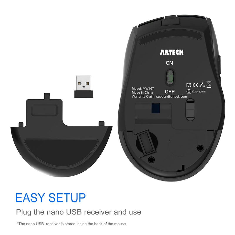 [Australia - AusPower] - Arteck 2.4G Wireless Mouse with Nano USB Receiver Ergonomic Design Silent Clicking with Side Switch Buttons for Computer / Desktop / PC / Laptop and Windows 10/8/7 Build in Rechargeable Battery Black 