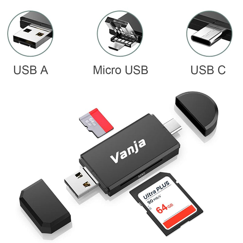 [Australia - AusPower] - Vanja SD Card to USB Adapter, 3-in-1 USB-C USB-A Micro USB SD Card Reader,Trail Camera Memory Card Reader for PC/Laptop/Phone/Tablet, for SD SDXC SDHC MMC RS-MMC microSDXC microSD microSDHC UHS-I Card Black 