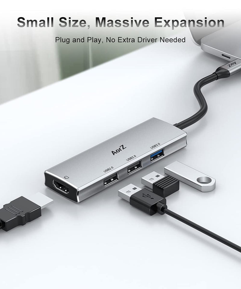 [Australia - AusPower] - USB C Hub HDMI Adapter, USB C to USB Hub AorZ USB C Dongle 4 in 1 Type C Hub with 4K HDMI, USB 3.0 USB 2.0 Port for MacBook/Pro/Air (Thunderbolt 3)/iPad pro/Air and Type C Devices Grey 