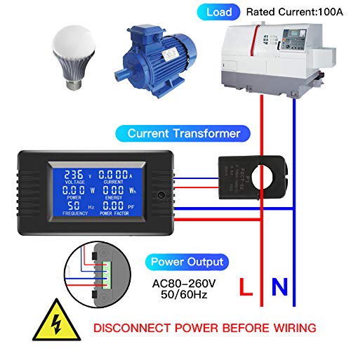 [Australia - AusPower] - AC Current Voltage Amperage Power Energy Panel Meter LCD Digital Display Ammeter Voltmeter Multimeter with Split Core Current Transformer CT AC 80-260V 100A Multi-Function Power Monitor AC 100A Meter(Split Core Transformer) 