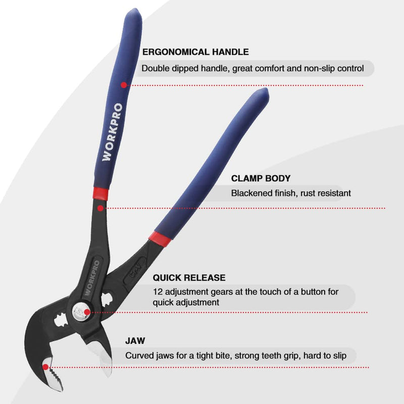 [Australia - AusPower] - WORKPRO 9-1/2-Inch Groove Joint Pliers, Fast Adjust Tongue and Groove Pliers, V-Jaw Water Pump Pliers with Comfort Grip 1 