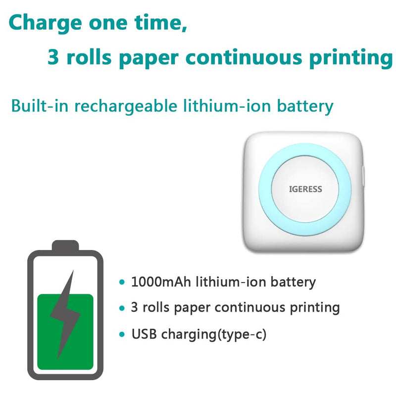 [Australia - AusPower] - Mini Printer, IGERESS Wireless Bluetooth Pocket Thermal Printer, Sticker Printer, Portable Notes Picture Printer Receipt Paper Printer Compatible with iOS and Android 