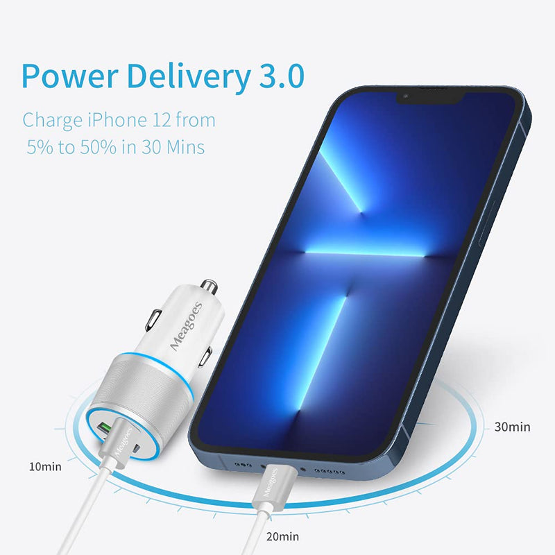 [Australia - AusPower] - Fast USB C Car Charger, Meagoes 20W PD Rapid Charging Adapter Compatible for Apple iPhone 13/12/Pro Max/Mini/11/XS/XR/X/8 Plus/SE/iPad Mini 5/Air 3-3.3ft MFi Certified Type C to Lightning Cable Silver White 