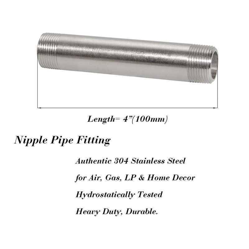 [Australia - AusPower] - Quickun 304 Stainless Steel Nipple Pipe Fitting, 1/2" NPT x 1/2" NPT Male Malleable Nipple Cast Pipe 4" Length 