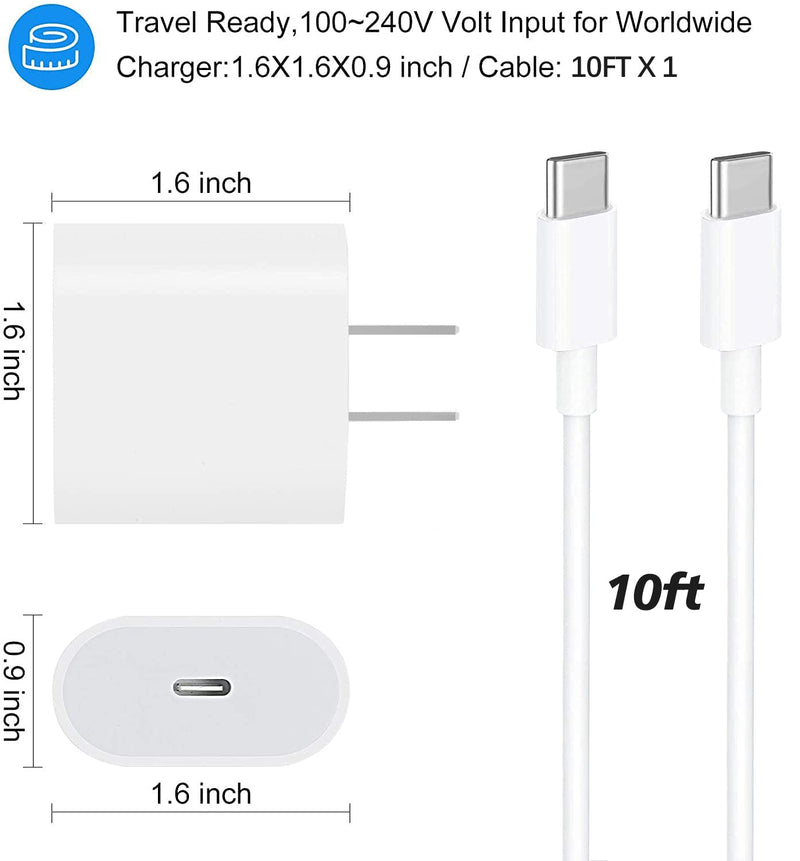 [Australia - AusPower] - iPad Pro Charger 20W USB C Apple Tablet Charger Compatible with iPad Pro 12.9, iPad Pro 11 inch 2021/2020/2018, iPad Air 4th, iPad Mini 6, 20W USB-C Power Adapter with 10ft USB C to C Charging Cable 