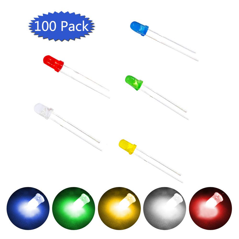 [Australia - AusPower] - JABINCO 100pcs 3mm LED Light Diodes, Red/Green/Yellow/Blue/White LED Circuit Assorted Kit for Science Project Experiment 