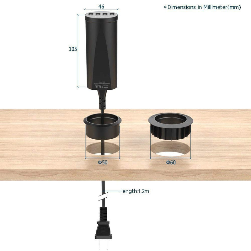[Australia - AusPower] - Simpeak 30W 4-Port USB Desk Charger Desktop Charging Station Mounts on The 2.0"/2.4" Grommet Hole with Power Cable (Match 2pcs Grommet),C51 Black 