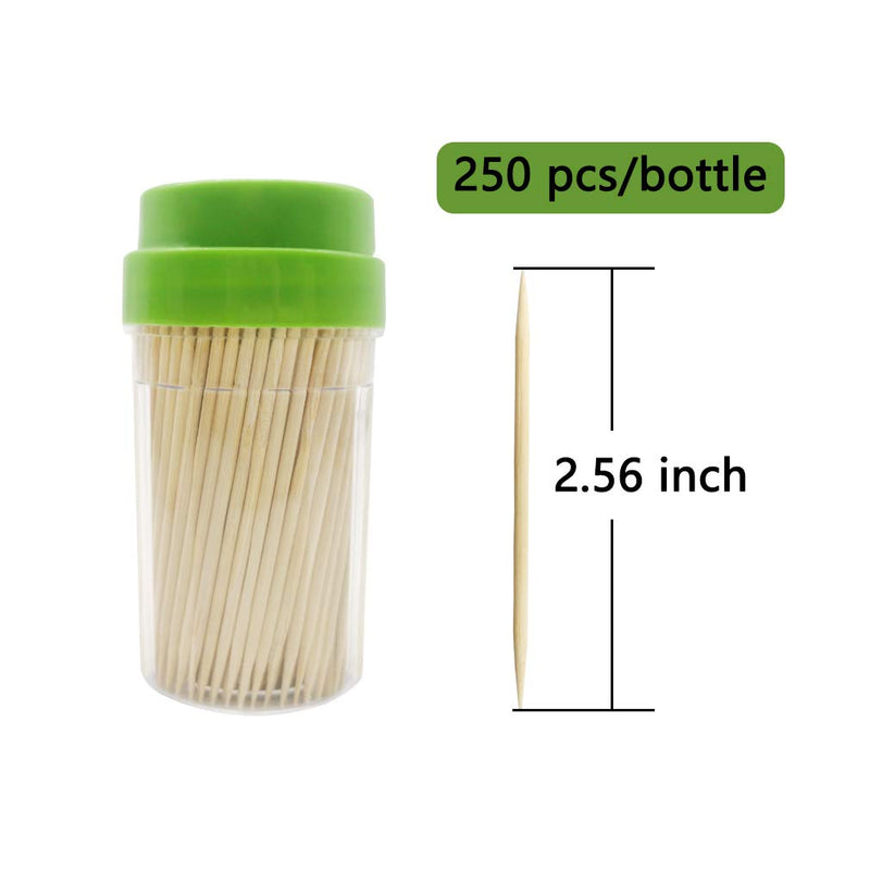 [Australia - AusPower] - BLUE TOP Bamboo Wood Toothpicks 1000 PCS in 4 Bottles of 250, Round Sturdy Toothpick holder Double-Side Point,Toothpick Dispenser for Teeth,Food Pick Appetizers,Cocktails Fruits,Olive&DIY Craft 