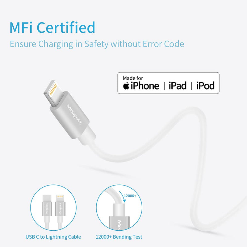 [Australia - AusPower] - Fast USB C Car Charger, Meagoes 20W PD Rapid Charging Adapter Compatible for Apple iPhone 13/12/Pro Max/Mini/11/XS/XR/X/8 Plus/SE/iPad Mini 5/Air 3-3.3ft MFi Certified Type C to Lightning Cable Silver White 