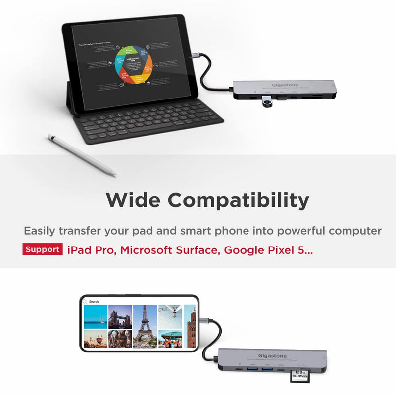 [Australia - AusPower] - 【USB C Hub】【100W Power Delivery】 Gigastone Multiport Adapter 7-in-1 with 100W Charging, 4K HDMI, USB-C & 2 USB-A 5Gbps, SD & microSD Reader, for MacBook Air, MacBook Pro, Chromebook, Zenbook, Surface 