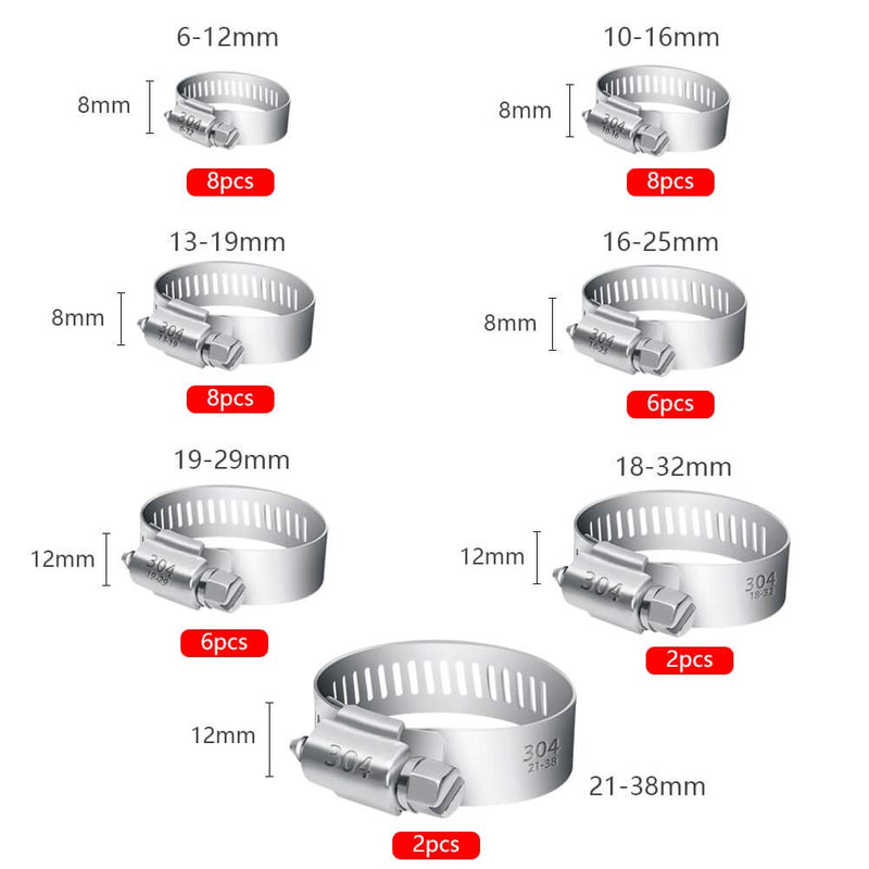 [Australia - AusPower] - Selizo 40Pcs Hose Clamp Including 7 Sizes Adjustable Pipe Tube Clamps 304 Stainless Steel Hose Clips 