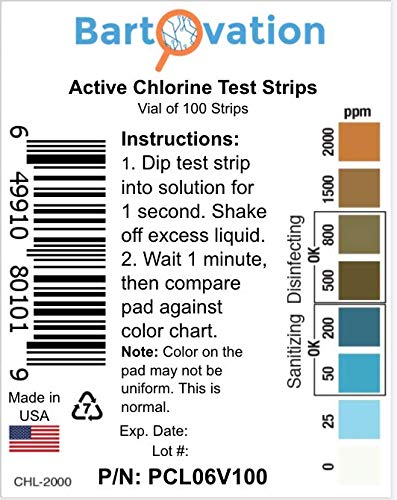 [Australia - AusPower] - Active Chlorine Bleach Test Strips, 0-2000 ppm [Vial of 100 Plastic Strips] Designed for Daycares and Senior Homes for Sanitizing and Disinfecting 