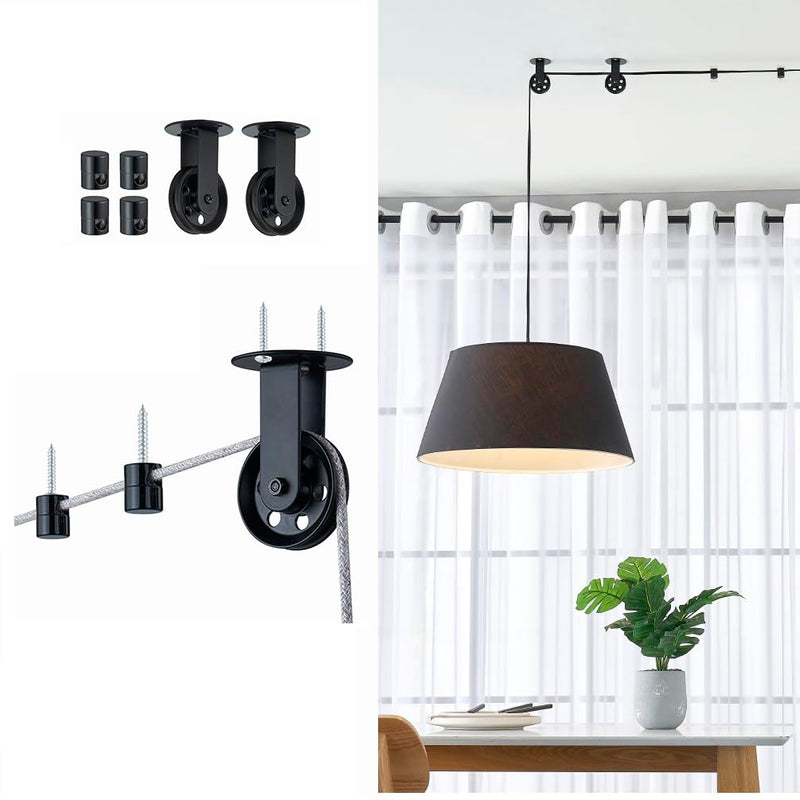[Australia - AusPower] - Black Pulley Wheels Set of 2 for Plug in Pendant Light Fixture, Swag Hook for Pendant Lighting Chandelier Ceiling Lights Cable, Wall Ceiling Mount Pulley Lamp Hook for Hanging Lamp Ceiling Fan Light Black 