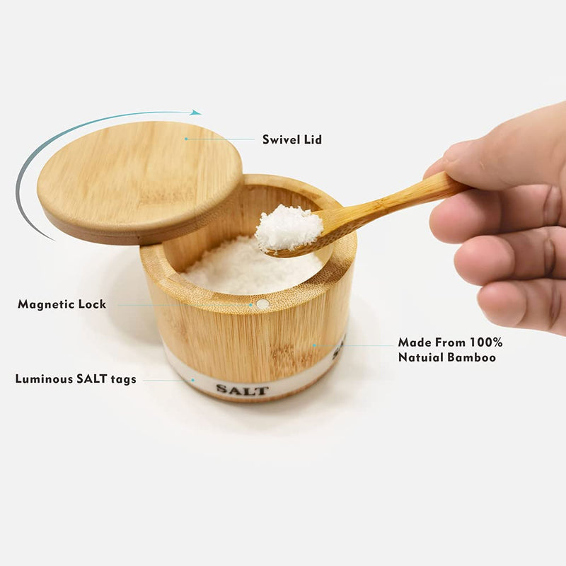 [Australia - AusPower] - ThougrLyh Bamboo Salt Box, Salt Box With Swivel Lid With Magnetic，Salt Cellar With Lid For Storing Salt, Herbs, Spices And Small Items Spice Box，Salt Bowls With Luminous (Salt box and spoon) salt box with spoon 