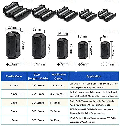 [Australia - AusPower] - Ceedmon 20 Pieces Clip-on Ferrite Ring Core RFI EMI Noise Suppressor Cable Clip for 3mm/5mm/7mm/9mm/13mm Diameter Cable, Black 