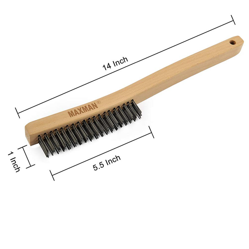 [Australia - AusPower] - Wire Brush Set,Heavy Duty Carbon Steel and Stainless Steel Wire Scratch Brush for Cleaning Rust with 14" Long Curved Beechwood Handle,2 Pieces,Large Black and silver 
