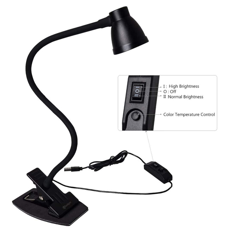 [Australia - AusPower] - CeSunlight Clamp Desk Lamp, Clip on Reading Light, 3000-6500K Adjustable Color Temperature, 6 Illumination Modes, 10 Led Beads, AC Adapter and USB Cord Included (Black) Black 