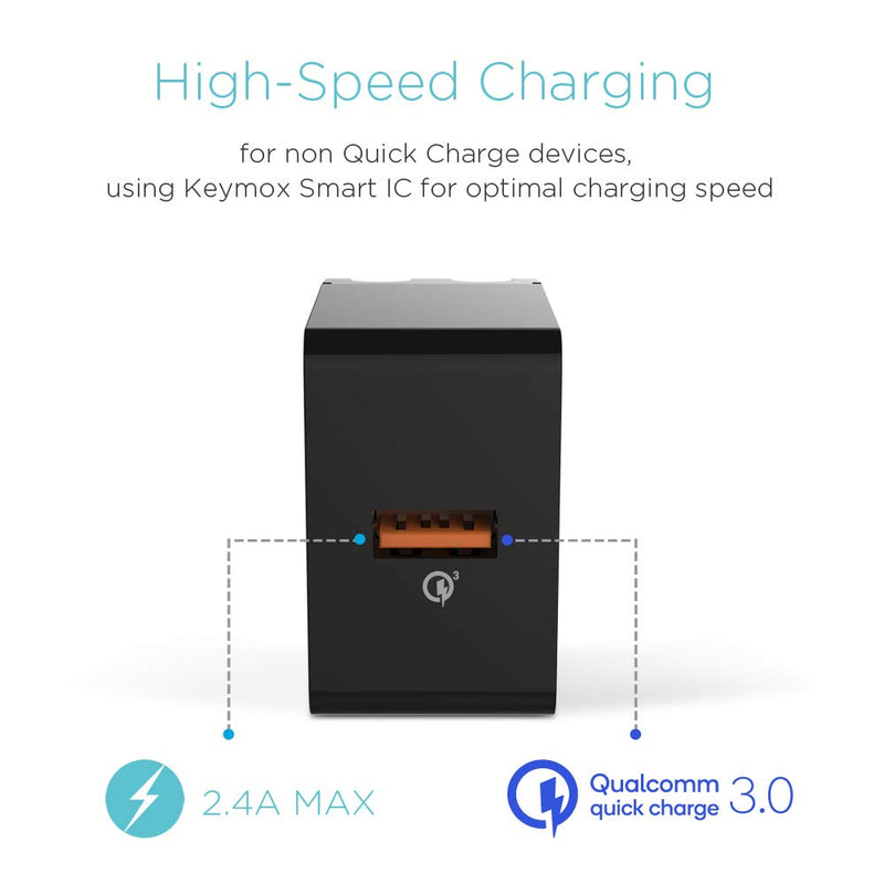 [Australia - AusPower] - Quick Charge 3.0 18W USB Wall Charger, KEYMOX Fast Charging Cell Phone Adapter Compatible with Samsung Galaxy Note8 / S9 /S8 / S8+, LG G6 / V30, HTC 10 and More Devices-Qualcomm Certified (Black) 